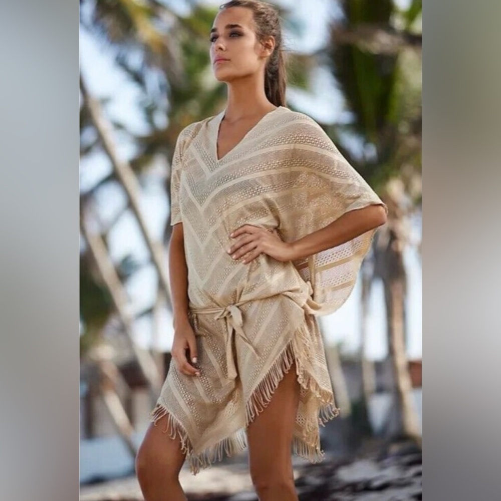 PQ Swim Cream/Tan Crochet Fringe Beach Coverup